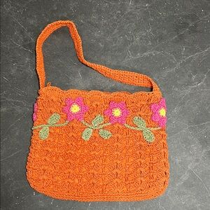 Faded Glory Orange Crochet Shoulder Bag with Pink Floral Detail